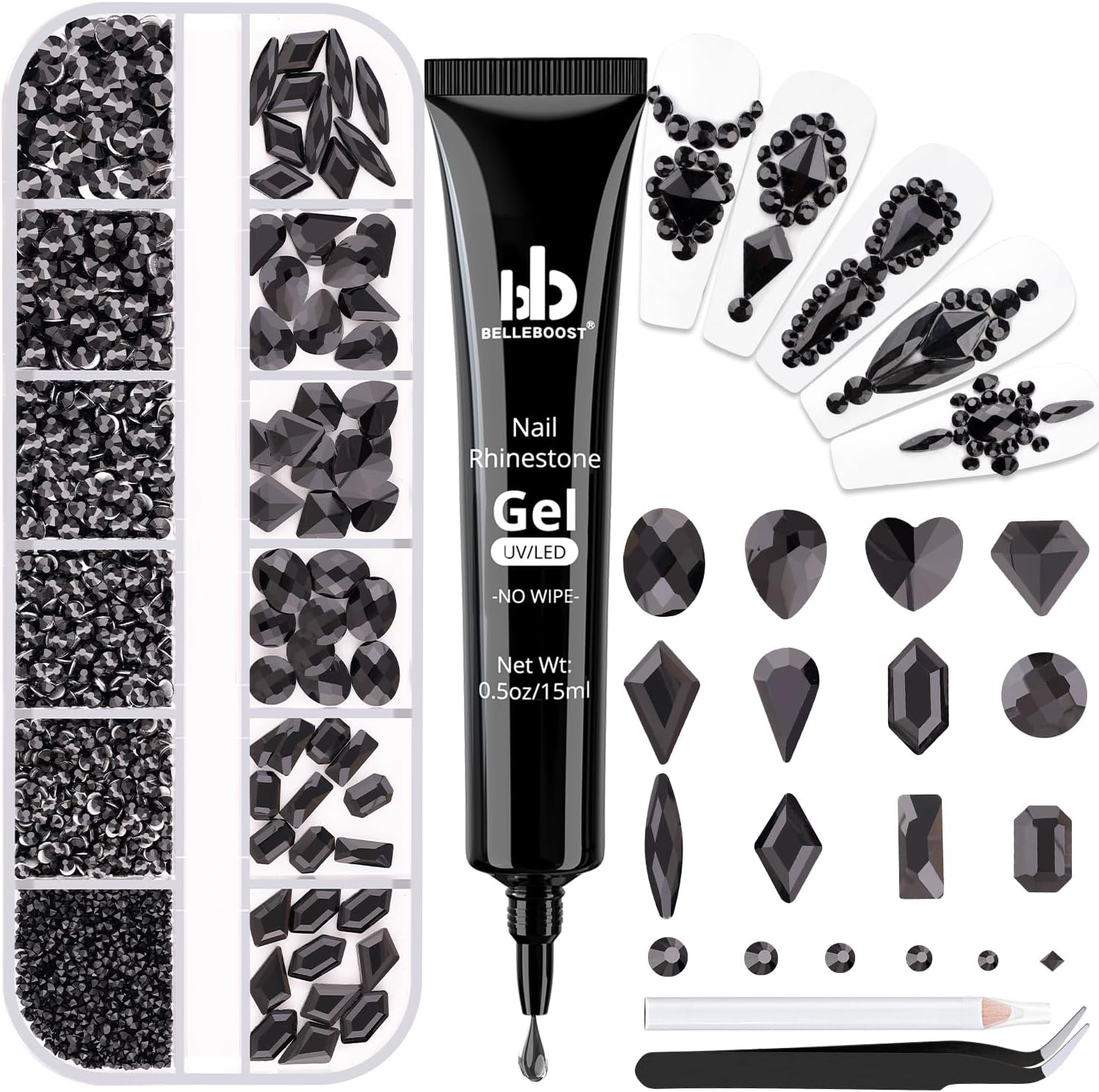 2060Pcs Black Glass Nail Rhinestones 60Pcs Multi Shapes Flatback Nail Gems + 2000Pcs 1.5-4mm Round Crystal with Rhinestones Glue Gel, Manicure Nail Charms Diamond Gemstones for Nail Art-Velvo Beauty