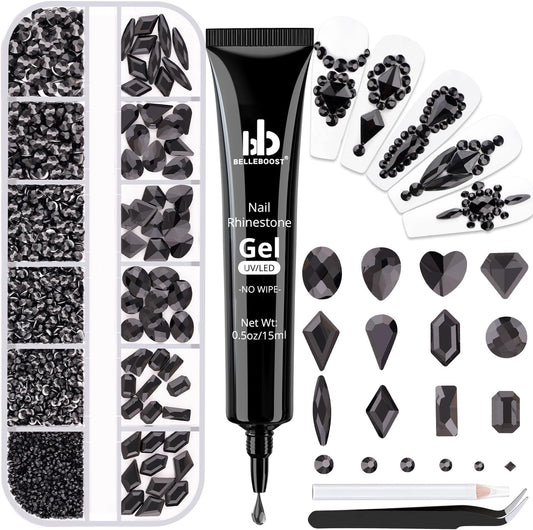 2060Pcs Black Glass Nail Rhinestones 60Pcs Multi Shapes Flatback Nail Gems + 2000Pcs 1.5-4mm Round Crystal with Rhinestones Glue Gel, Manicure Nail Charms Diamond Gemstones for Nail Art-Velvo Beauty