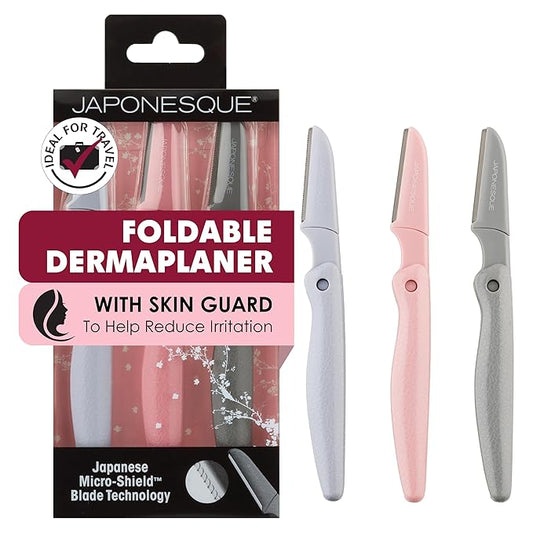 JAPONESQUE Foldable Dermaplaner Facial Razors - 3 Piece Set, Eyebrow And Facial Hair Razor Kit - One Blade Fixed Dermaplane Razor For Women Multicolor-Velvo Beauty
