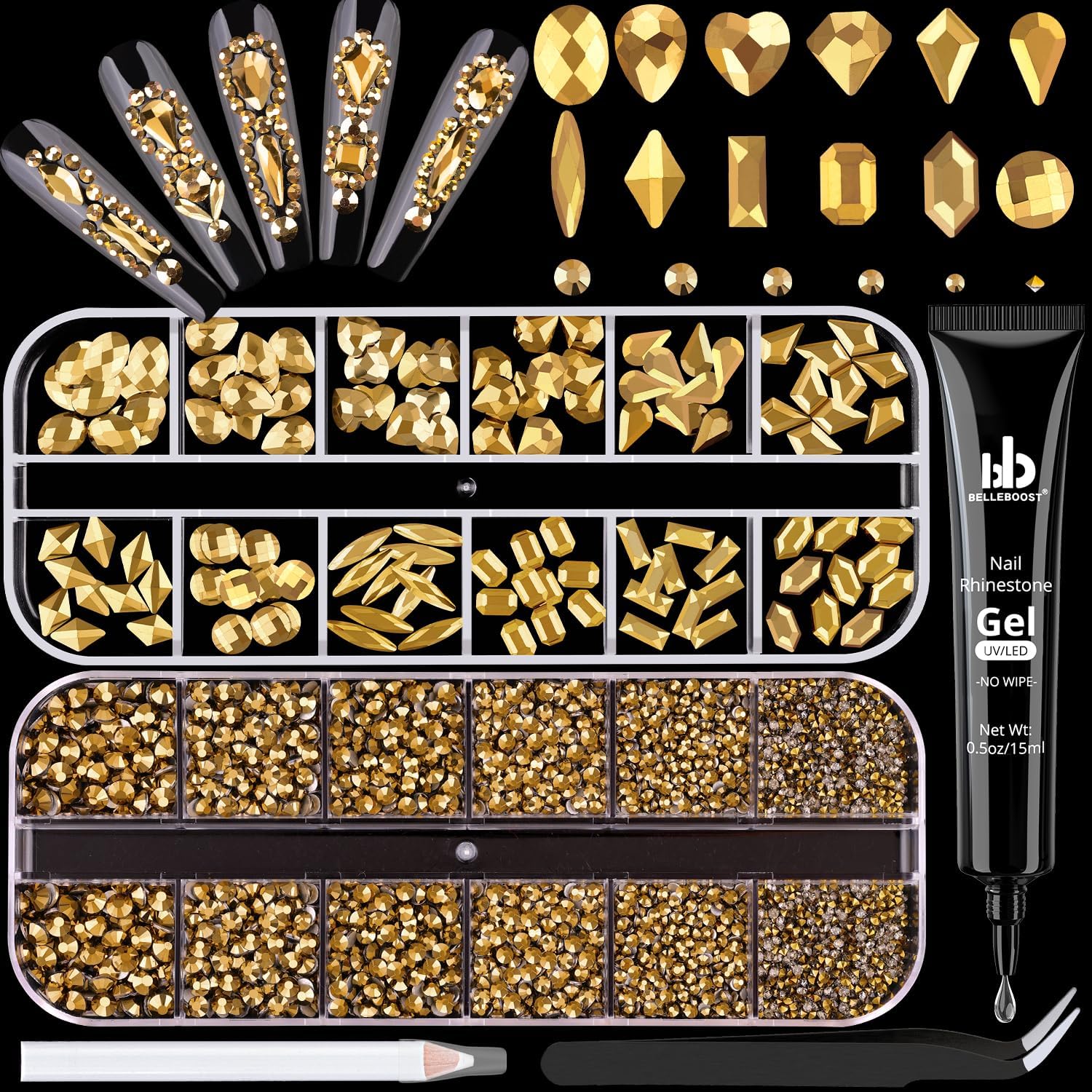 2680Pcs Mineral Gold Glass Nail Rhinestones 120Pcs Multi Shapes Flatback Nail Gems + 2560Pcs 1.5-4mm Round Crystal with Rhinestones Glue Gel, Manicure Nail Charms Diamond Gemstone for Nail Art-Velvo Beauty