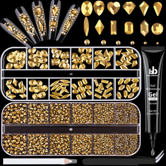 2680Pcs Mineral Gold Glass Nail Rhinestones 120Pcs Multi Shapes Flatback Nail Gems + 2560Pcs 1.5-4mm Round Crystal with Rhinestones Glue Gel, Manicure Nail Charms Diamond Gemstone for Nail Art-Velvo Beauty