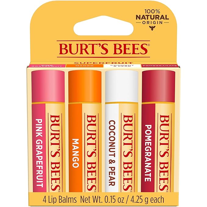 Burt's Bees Lip Balm - Pink Grapefruit, Mango, Coconut & Pear, and Pomegranate Pack, Lip Moisturizer With Beeswax, Tint-Free, Natural Origin Conditioning Lip Treatment, 4 Tubes, 0.15 oz.-Velvo Beauty