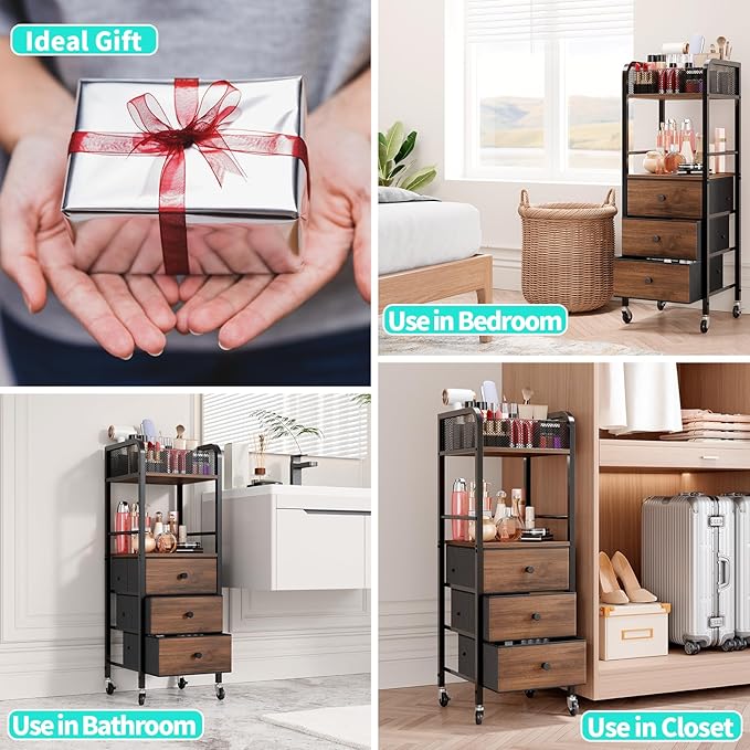 HapiRm Rolling Makeup Cart Organizer - Floor Skincare Make Up Storage with 3 Drawers, Vanity Organizer Cosmetic Display Cases Holder for Skin Care Perfume Nail Polish Brush Hair Tool-Velvo Beauty