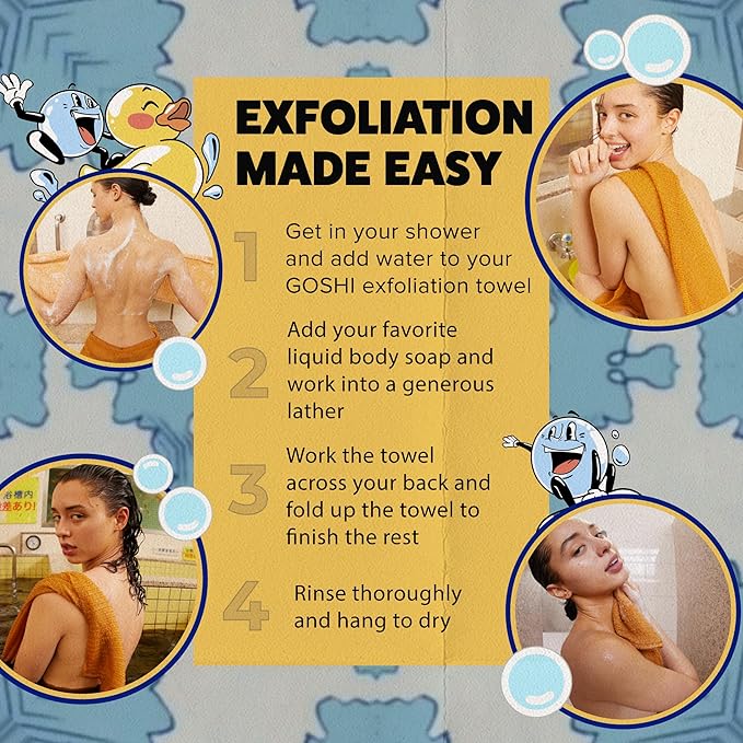 GOSHI Exfoliating Shower Towel - Rip-Resistant Exfoliating Washcloth for All Skin Types - Marigold Yellow - Made in Japan-Velvo Beauty