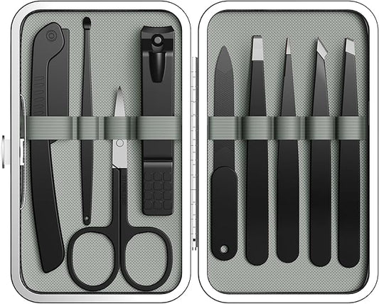 Yougai Tweezers Set, 9 Pcs Tweezers and Nail Clippers Kit for Facial Hair Women with Travel Case, Professional Stainless Steel Eyebrow Tweezer Kit Great Precision Tweezers for Daily Beauty Tool-Velvo Beauty