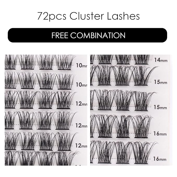 Cluster Lashes 72 Individual Lashes Clusters Eyelash Extensions False Eyelashes DIY Lash Extension Kit Reusable False Eyelashes Natural Look Mix 10-16mm C D Curl-DM17-Velvo Beauty