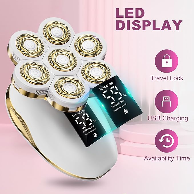 Electric Razors for Women, Wet/Dry 7D Rechargeable Rotary Shaver for Legs, Water Resistant Grooming Kit - Electric Razors for Women, Facial Hair Removal, Bikini Trimmer, Lips - Gentle Hair Remo-Gold-Velvo Beauty