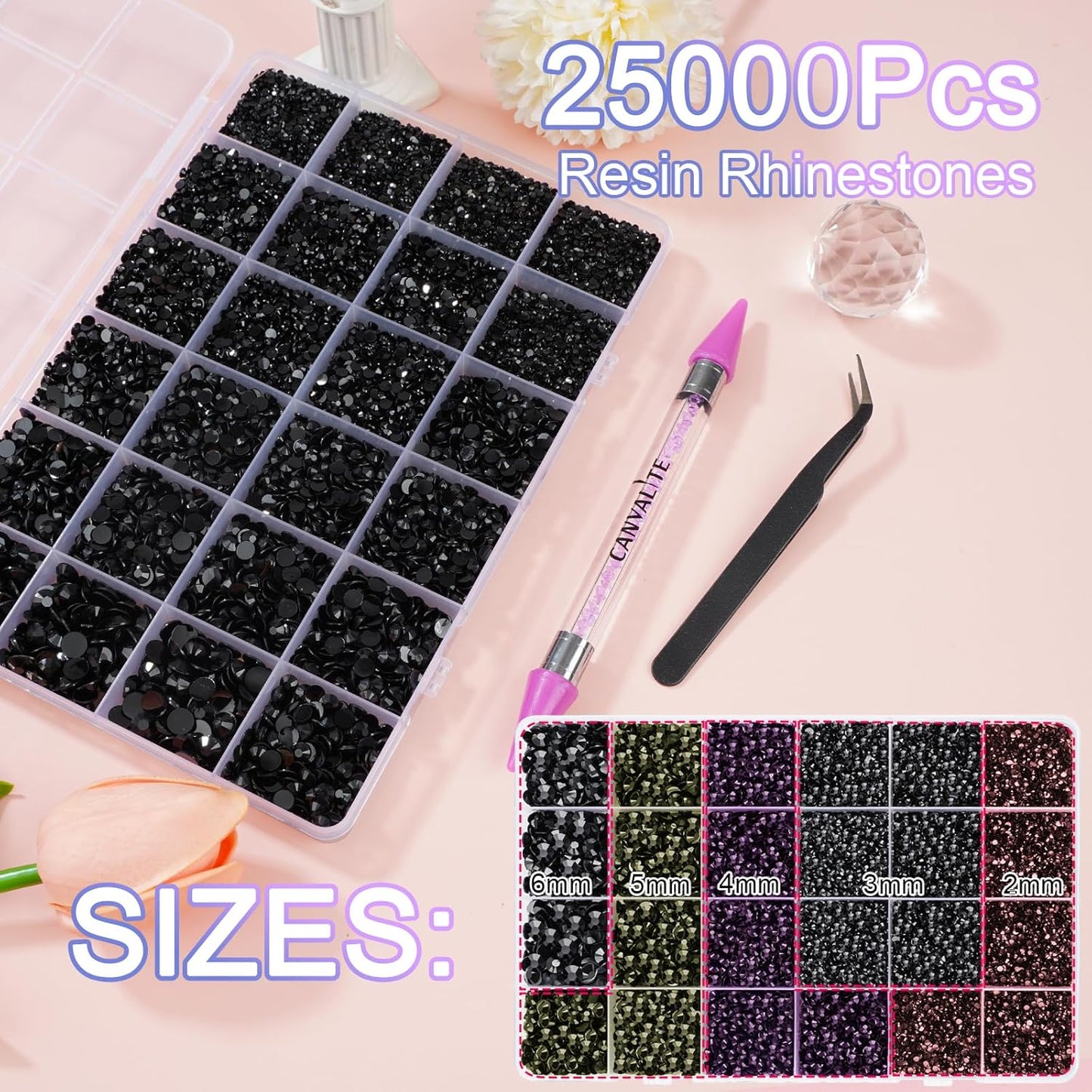 Canvalite 25000PCS Resin Jelly Rhinestones for Crafting, Black Flatback Gems, Bedazzling Crystal with 5x2.5g B7000 Jewelry Glue and Tweezers Dotting Pen for DIY Crafts Clothing Shoes Nail Art-Velvo Beauty