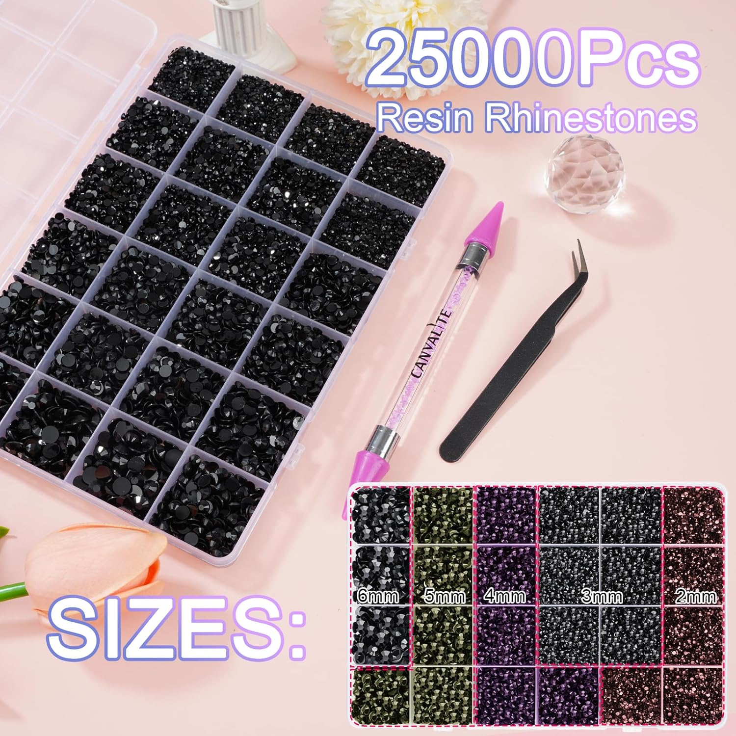 Canvalite 25000PCS Resin Jelly Rhinestones for Crafting, Black Flatback Gems, Bedazzling Crystal with 5x2.5g B7000 Jewelry Glue and Tweezers Dotting Pen for DIY Crafts Clothing Shoes Nail Art-Velvo Beauty