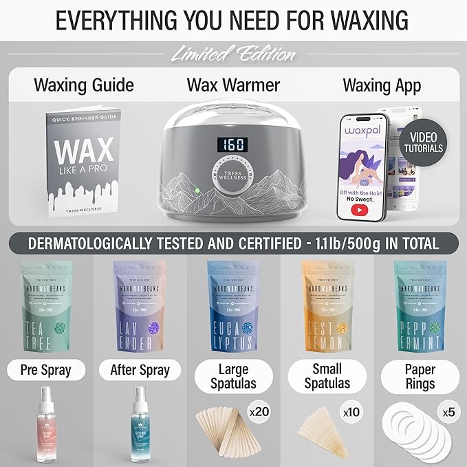 Tress Wellness Waxing Kit for Sensitive Skin – Safe for Face & Skin, Prep & Aftercare Spray, Easy to Use – At-Home Kit for Face, Bikini, Brazilian & Full Body - Digital Display, Grey Mountain-Velvo Beauty