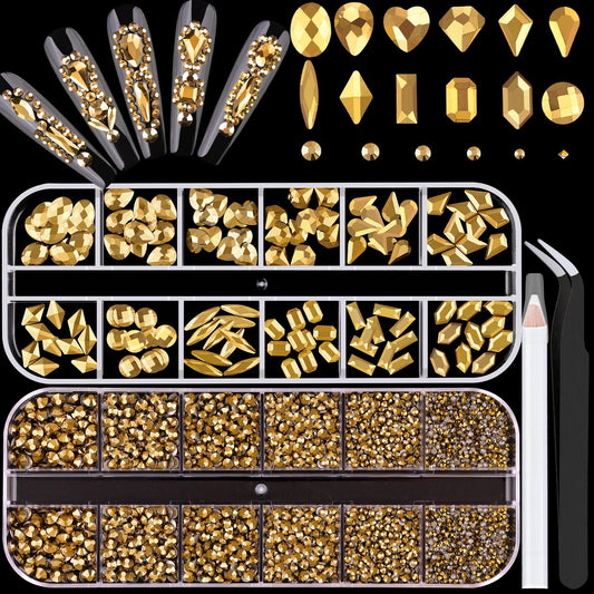 2680Pcs Mineral Gold Glass Nail Rhinestones 120Pcs Multi Shapes Flatback Nail Gems + 2560Pcs 1.5-4mm Round Crystal, Manicure Nail Charms Diamond Gemstones for Acrylic Nails Decoration-Velvo Beauty