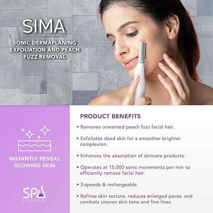 SPA SCIENCES - SIMA Patented Dermaplane Razor for Women Face – Painless 2-in-1 Facial Exfoliation & Peach Fuzz Hair Removal – Anti-Aging – 3 Speeds – Rechargeable – 7 Weeks Treatment-Velvo Beauty