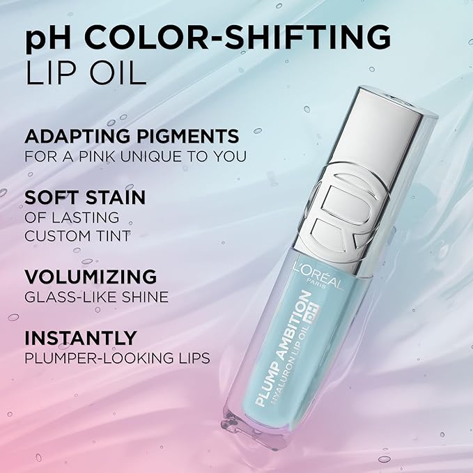 L'Oreal Paris Plump Ambition pH Hyaluron Lip Oil, Color Shifting Lip Tint with 24HR Hydration, Volumizing Shine and Lasting Color, 090 pH Berry Noir-Velvo Beauty