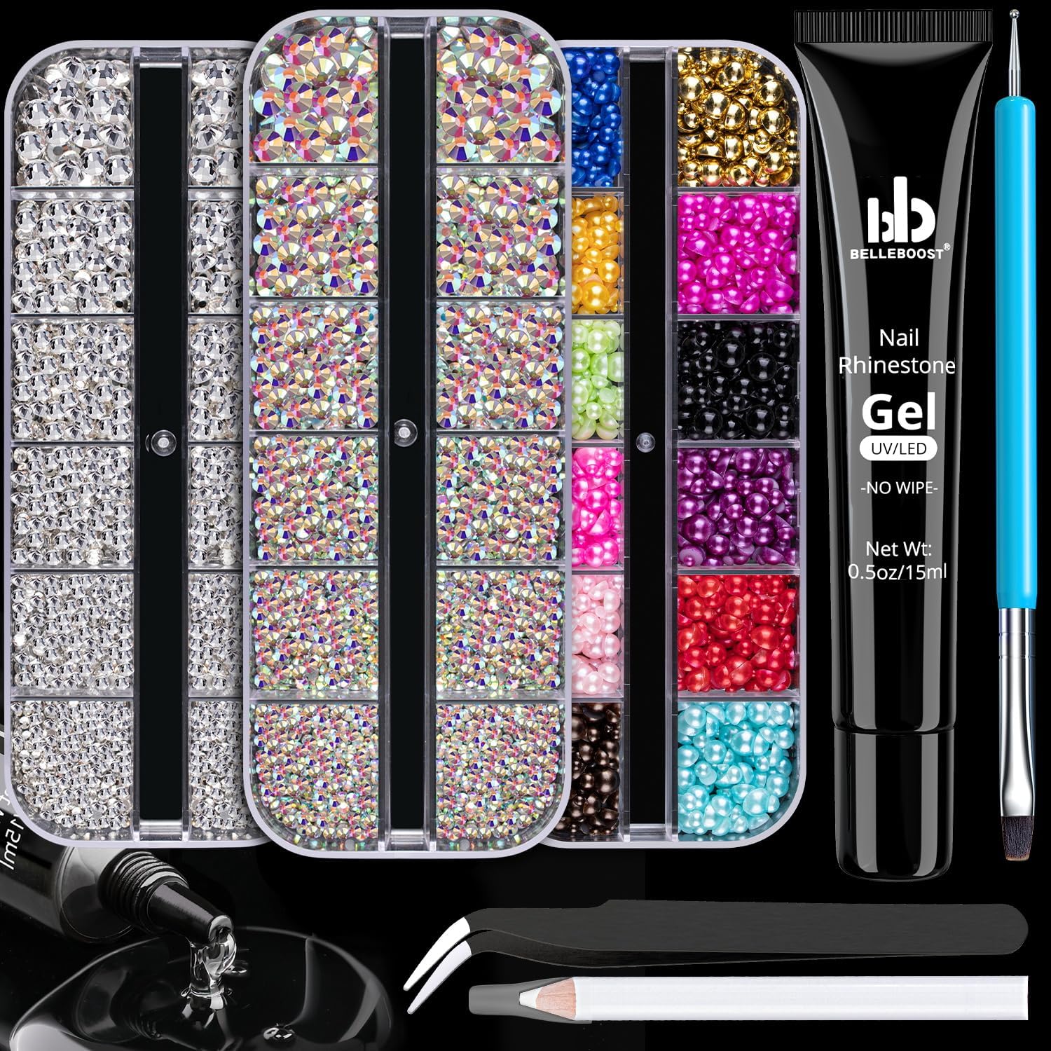 Rhinestones for Nails & Pearls, Manicure Kit with Nail Rhinestone Glue Gel, Flat Back Glass Crystal AB + Clear Gems, Colorful Half Round Pearls, Gem Glue (UV/LED Needed) with Dotting Tools-Velvo Beauty