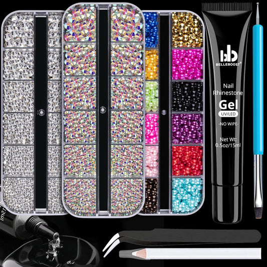 Rhinestones for Nails & Pearls, Manicure Kit with Nail Rhinestone Glue Gel, Flat Back Glass Crystal AB + Clear Gems, Colorful Half Round Pearls, Gem Glue (UV/LED Needed) with Dotting Tools-Velvo Beauty