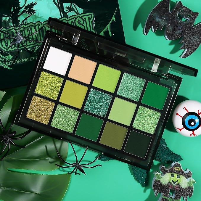 UCANBE Green Eyeshadow Makeup Palette, 15 Colors Bright Dark Green Shimmer Matte Metallic Glitter Eye Shadow, Forest Emerald Lime Pallet Kit for Cosplay Parties Christmas Halloween SFX-Velvo Beauty