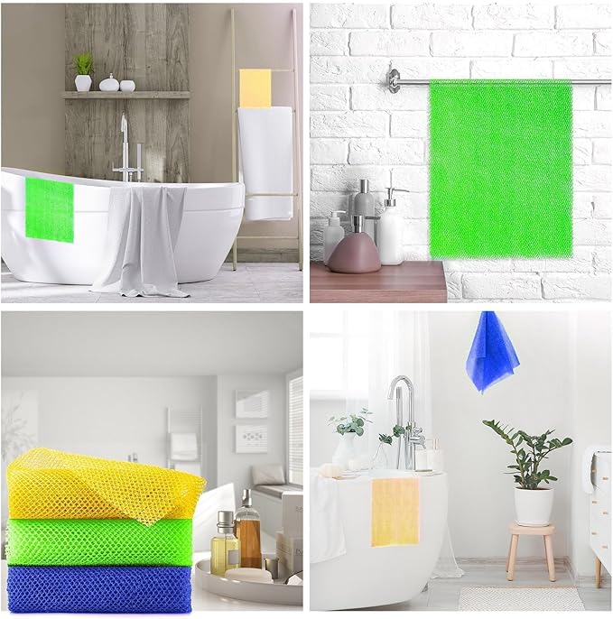 UJFQBH 3 Pieces African exfoliating net African Net Long Net Bath Sponge Exfoliating Shower Body Scrubber Back Scrubber Skin Smoother,Great for Daily Use (Yellow, Green, Blue)-Velvo Beauty