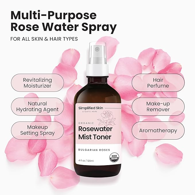 Rose Water Spray for Face & Hair - Organic USDA Certified Rosewater Facial Toner - Alcohol-Free Makeup Setting Hydrating Face Mist - Anti-Aging Toner Spray - 2 Pack-Velvo Beauty