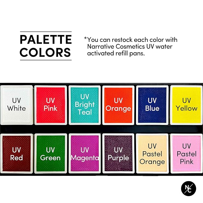 UV 12-Color Palette - Water-Activated Neon Glow Makeup for Face & Body - Fluorescent Shades for SFX, Party Makeup, Cosplay & Theatrical Performances-Velvo Beauty