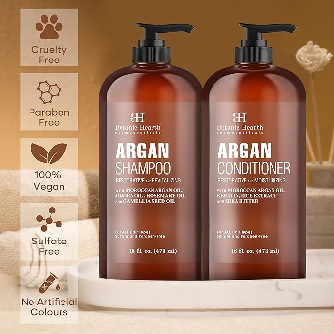 Botanic Hearth Argan Oil Shampoo And Conditioner Set | 16 Fl Oz Each With Keratin, Restorative & Moisturizing, Sulfate Free | All Hair Types & Color Treated Hair, Men And Women | (Packaging May Vary)-Velvo Beauty