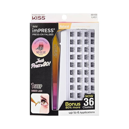 KISS imPRESS Falsies Press On Self Adhesive Eyelashes, 12mm-14mm Natural Volume Press On Lashes, Black, No Glue Needed, Invisible Band, 20 Lash Clusters & Non-Stick Applicator - Natural-Velvo Beauty