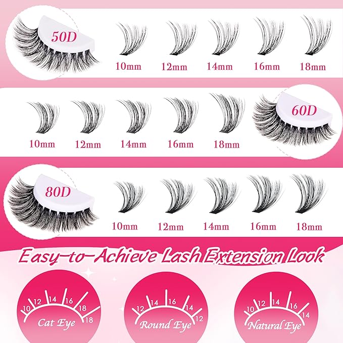 Lash Clusters 600PCS - Eyelash Clusters 20D+30D+40D+50D+60D+80D Wispy Individual Lashes D Curl Lash Extension 10-18MM Natural Lash Clusters DIY Cluster Eyelash Extensions for Beginners-Velvo Beauty