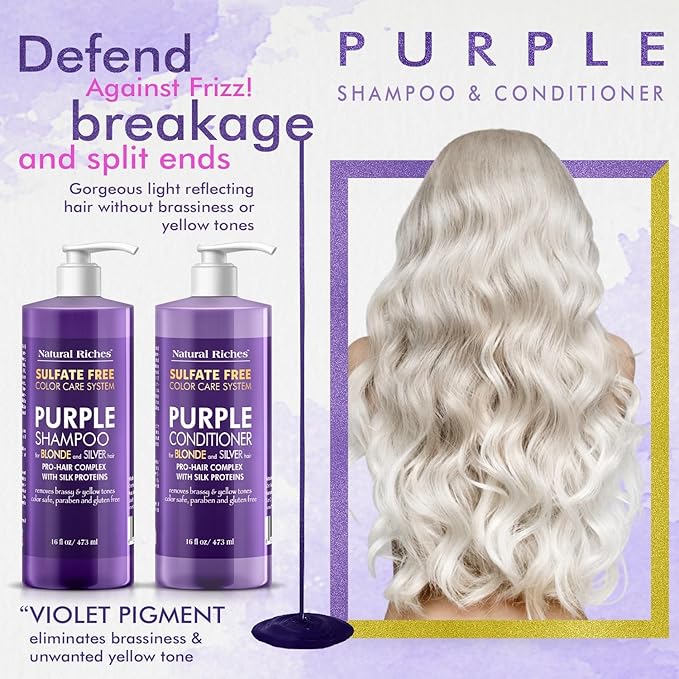 Natural Riches Purple Shampoo and Conditioner Set Sulfate Free Salon Grade for Silver Blonde Platinum Hair. Removes Yellow & Brass tones. Grey Highlighted Hair 16x2 fl oz-Velvo Beauty