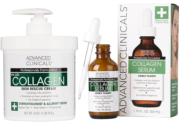Advanced Clinicals Unscented Collagen Body Cream + Collagen Serum For Face 2PC Skincare Set | Face Serum & Body Lotion For Women & Men Helps Improve Look Of Wrinkles & Dry Skin, Fragrance Free, 2pc-Velvo Beauty