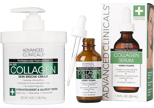 Advanced Clinicals Unscented Collagen Body Cream + Collagen Serum For Face 2PC Skincare Set | Face Serum & Body Lotion For Women & Men Helps Improve Look Of Wrinkles & Dry Skin, Fragrance Free, 2pc-Velvo Beauty