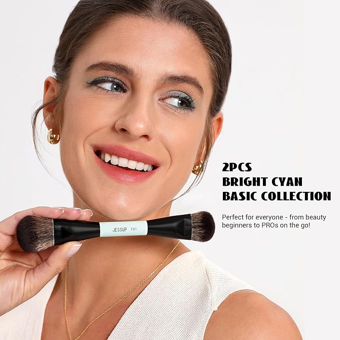 Jessup Makeup Brushes 2pcs Double Sided Foundation Brush Contour Brush Dual Ended Eye Blending Brush, Multi-functional Cosmetic Brush Bright Cyan T502-Velvo Beauty