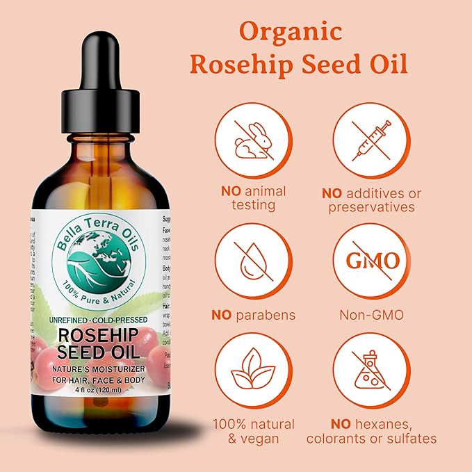 Bella Terra Oils - Organic Rosehip Seed Oil 2 oz - Cold-Pressed Elixir, Rich in Vitamin A, C, & E, Linoleic & Alpha-Linolenic Acid, Perfect Facial Emollient-Velvo Beauty