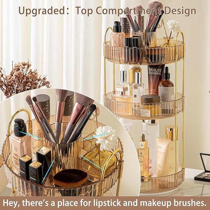 Rotating Makeup Organizer for Vanity, High-Capacity Skincare Clear Make Up Storage Perfume Organizers Cosmetic Dresser Organizer Countertop 360 Spinning (Gold, New-3 Tier)-Velvo Beauty