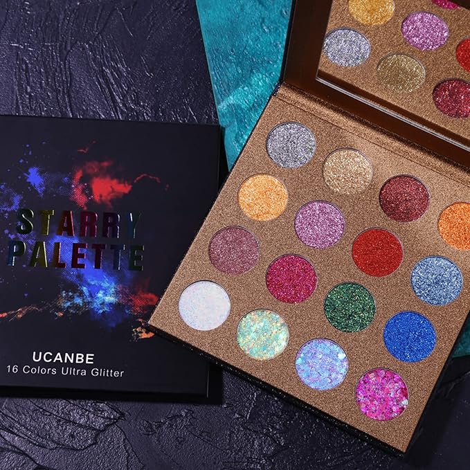 UCANBE Pro Glitter Eyeshadow Palette - Professional 16 Colors - Chunky & Fine Pressed Glitter Eye Shadow Powder Makeup Pallet Highly Pigmented Ultra Shimmer for Face Body-Velvo Beauty