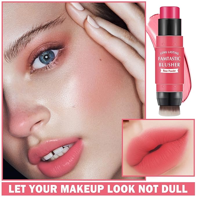 Cream Blush Stick with Brush, Waterproof, Long Lasting, Natural Finish, Rose Red - Compact Stick for All Skin Tones-Velvo Beauty