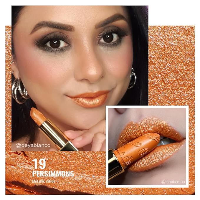 Oulac Pumpkin Color Lipstick with Metallic 3D Shine Hydrating Formula, High Impact Lip Color, Vegan Beauty, Full Coverage Lip Makeup, Christmas Gifts for Women, Persimmons(19)-Velvo Beauty