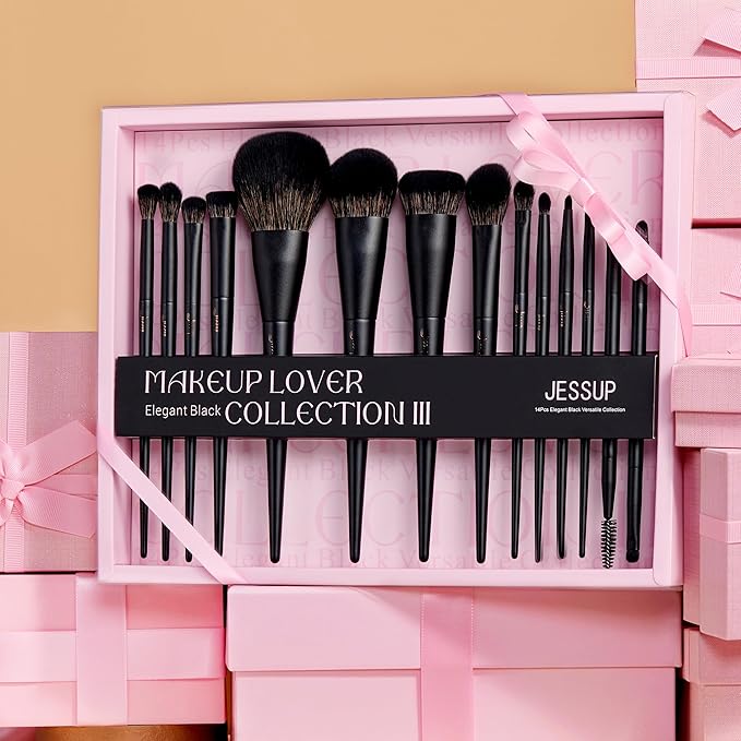 Jessup Makeup Brushes Set Jessup Make up Brushes 14Pcs Black Kabuki Foundation Eyeshadow Contour Concealer Powder Eyeliner Crease Eyebrow Blending Brush with Gift Box, T336-G-Velvo Beauty