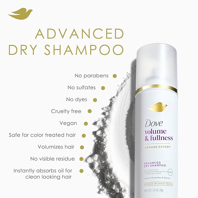 Dove Advanced Dry Shampoo Volume & Fullness Refresh & Revive Flat Hair Without Water for 2 Days of Freshness & Bounce 1.15 oz-Velvo Beauty