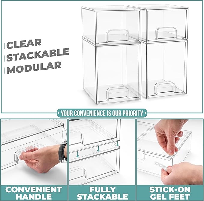 Sorbus Acrylic Storage Containers - 4 Pack, Stackable Storage Bins Set for Bathroom Organization - Clear Acrylic Drawer Organizers - Makeup Case Pull-Out Drawers (7.6’’ and 4.4’’ Tall)-Velvo Beauty