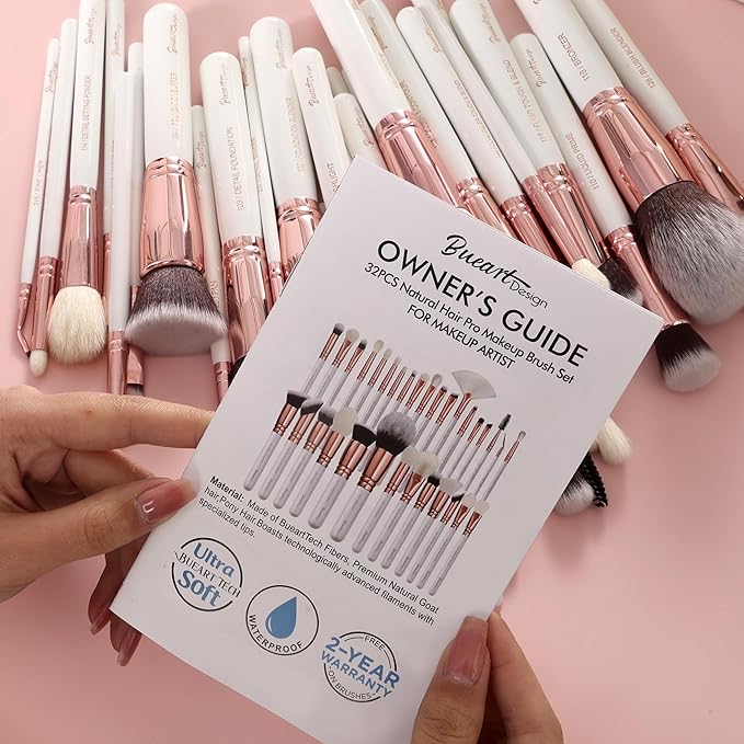 Pro makeup Artist Brushes Set 32Pcs Luxury Goat Hair Horse hair Makeup Brush Set eye and face brushes for every possibility By Bueart Design (Pearl White)-Velvo Beauty