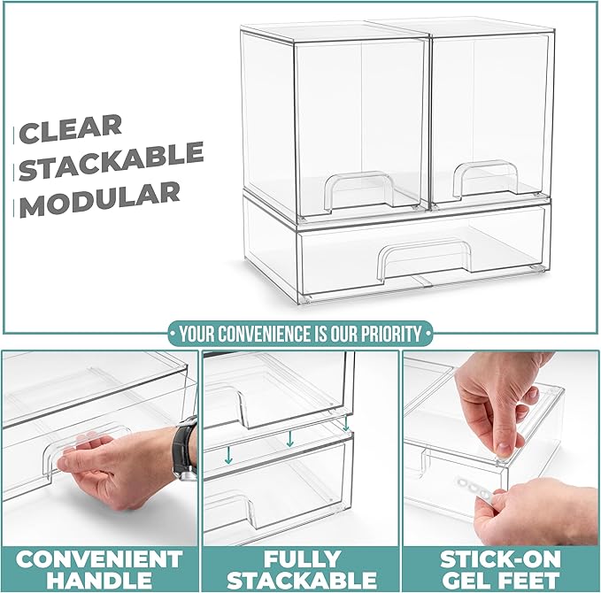 Sorbus Acrylic Storage Containers - 3 Pack, Stackable Storage Bins Set for Bathroom Organization - Clear Acrylic Drawer Organizers - Makeup Case Pull-Out Drawers (7.6’’ Tall and 12.1’’ Wide)-Velvo Beauty