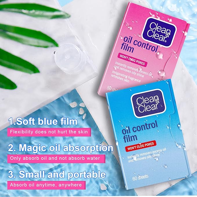 Oil Absorbing Tissues Oil Control Film, Oil Blotting Paper Same Series with Clean & Clear Oil Absorbing Facial Sheets for Oily Skin, 60 sheets Blue + 50 sheets Pink-Velvo Beauty