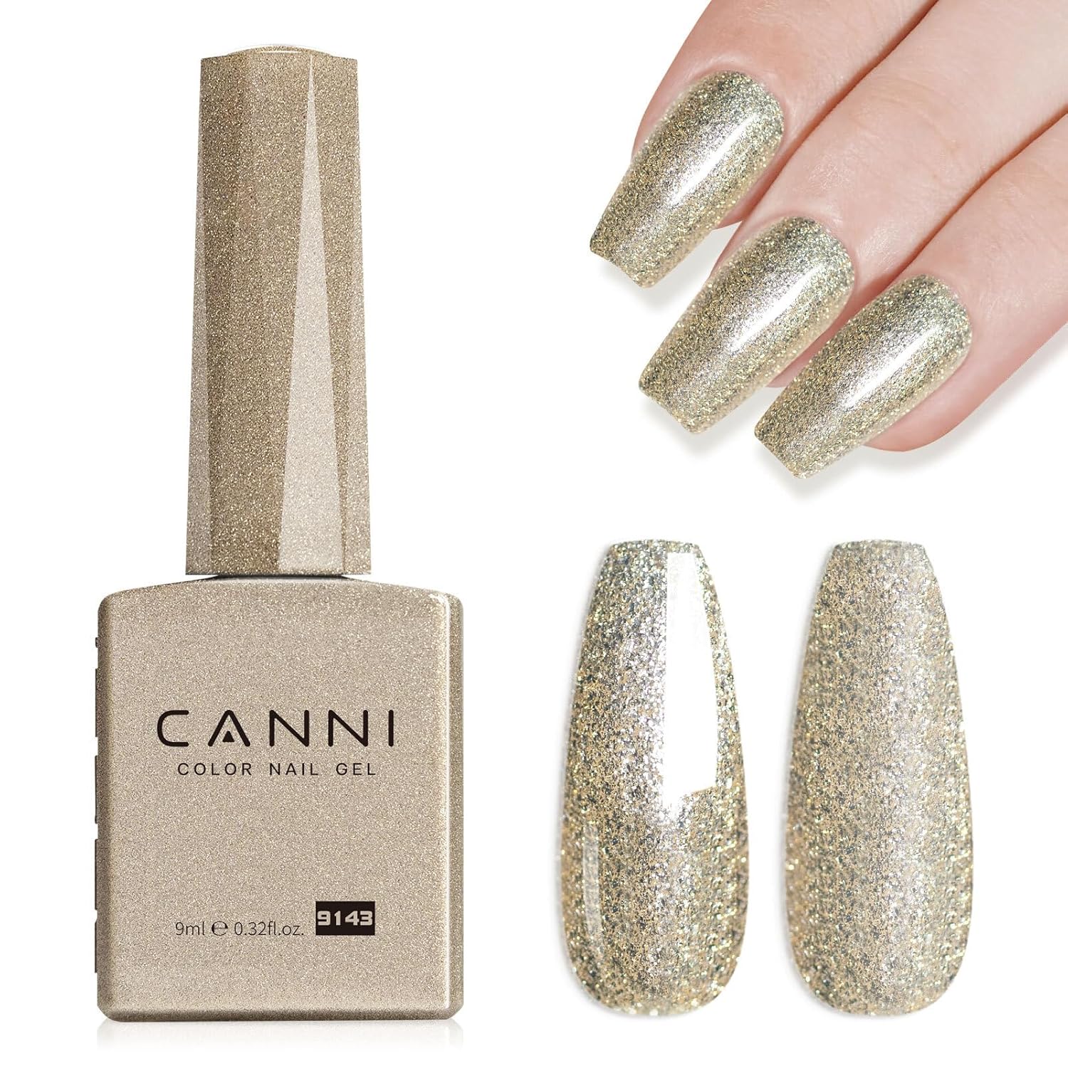 CANNI Champagne Gold Glitter Gel Polish – 9ML Sparkly Soak-Off UV/LED Gel Nail Polish, Shiny Metallic Finish for French Manicure, DIY or Salon Use-Velvo Beauty