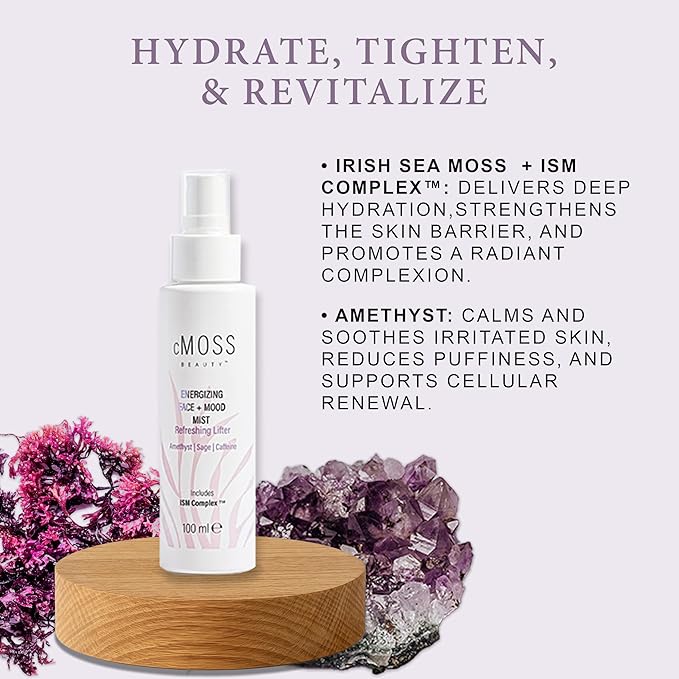 Sea Moss Infused Face and Mood Lifting Mist with Real Amethyst, Caffeine, Sage, and Hyaluronic Acid to Tighten, Brighten Skin and Calm Emotions-Velvo Beauty
