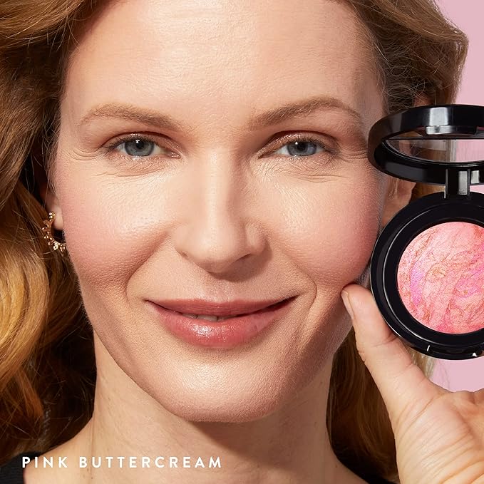 LAURA GELLER NEW YORK Baked Blush-n-Brighten Marbleized Blush + Angled Brush (02 Pink Buttercream, 47mm)-Velvo Beauty