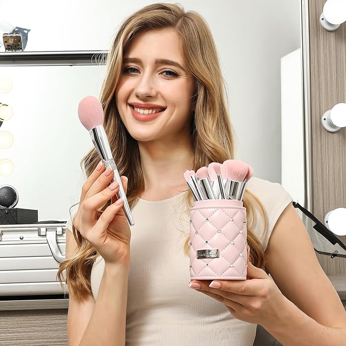 Bueart Design Elegant pink Ultra soft labeled Makeup Brushes Sets with Brush Holder makeup brush set with Foundation Powder blush blending contour Brush (15Pcs Silver Pink+Holder)-Velvo Beauty