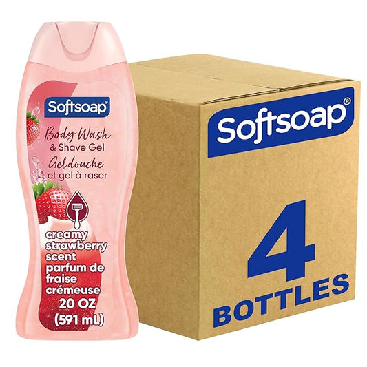 Softsoap Moisturizing Body Wash and Shave Gel, Creamy Strawberry Scent, 20 fl oz Bottle (Pack of 4)-Velvo Beauty