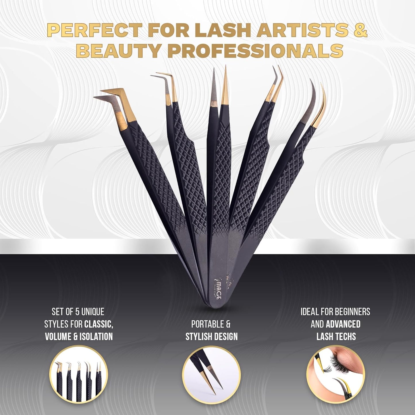 5 Pcs Fiber-Tip Japanese Steel Lash Tweezer Set with Leather Case, Professional Eyelash Tweezers for Lash Extensions – Titanium Coated, 90 & 45 Angled, Precision Pointed Tweezers (MATT BLACK)-Velvo Beauty