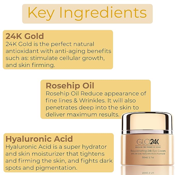 GLO24K Eye Cream with 24k Gold, Hyaluronic Acid, Rosehip Oil, and Vitamins. Minimizes wrinkles and fine-lines around the eyes-Velvo Beauty