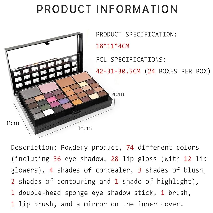 Professional Makeup Palette Set, 36 Colors Eyeshadow + 28 Lip Glosses + 4 Concealer Powder + 3 Blushers + 2 Contouring + 1 Highlight + 3 Brushes + Mirror, Make Up Palette Set-Velvo Beauty