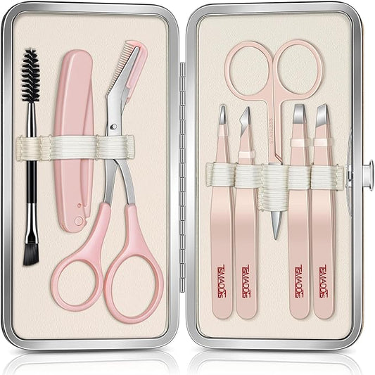 TsMADDTs Tweezers for Women Facial Hair, 8 in 1 Eyebrow Kit with Tweezers, Eyebrow Trimmer Scissors, Razor, Brush with Travel Bag, Hair Plucking Daily Beauty Tools-Velvo Beauty
